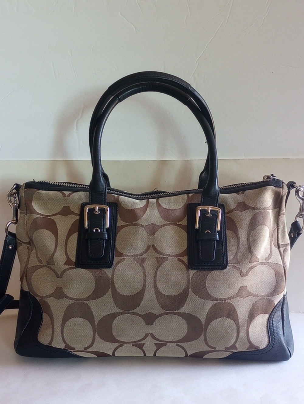 Coach Brown Signature Jacquard Canvas Satchel with Black Leather Trim NO F13812